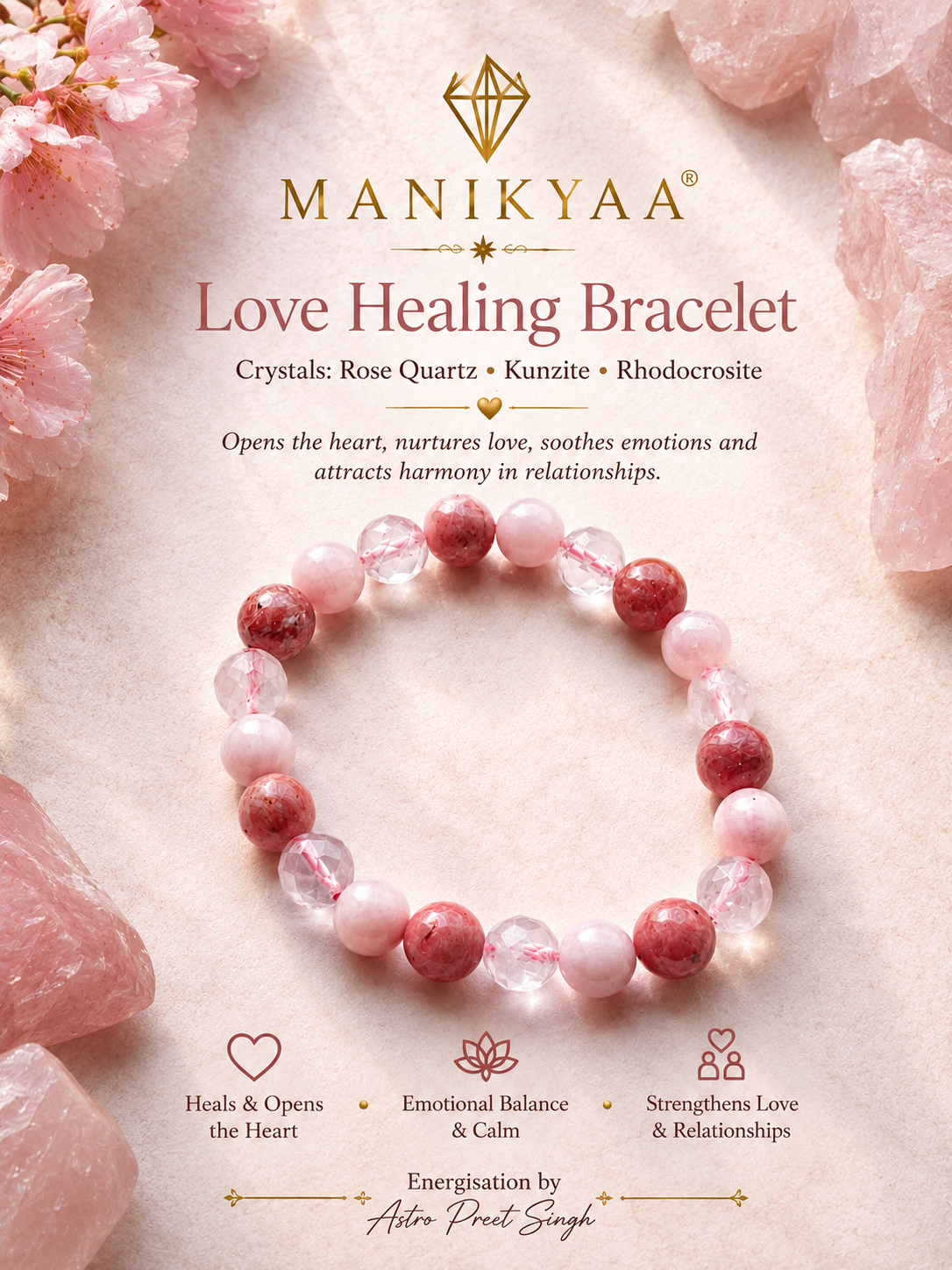 Natural Love Healing Bracelet | Rose Quartz, Kunzite & Rhodochrosite - Image 2