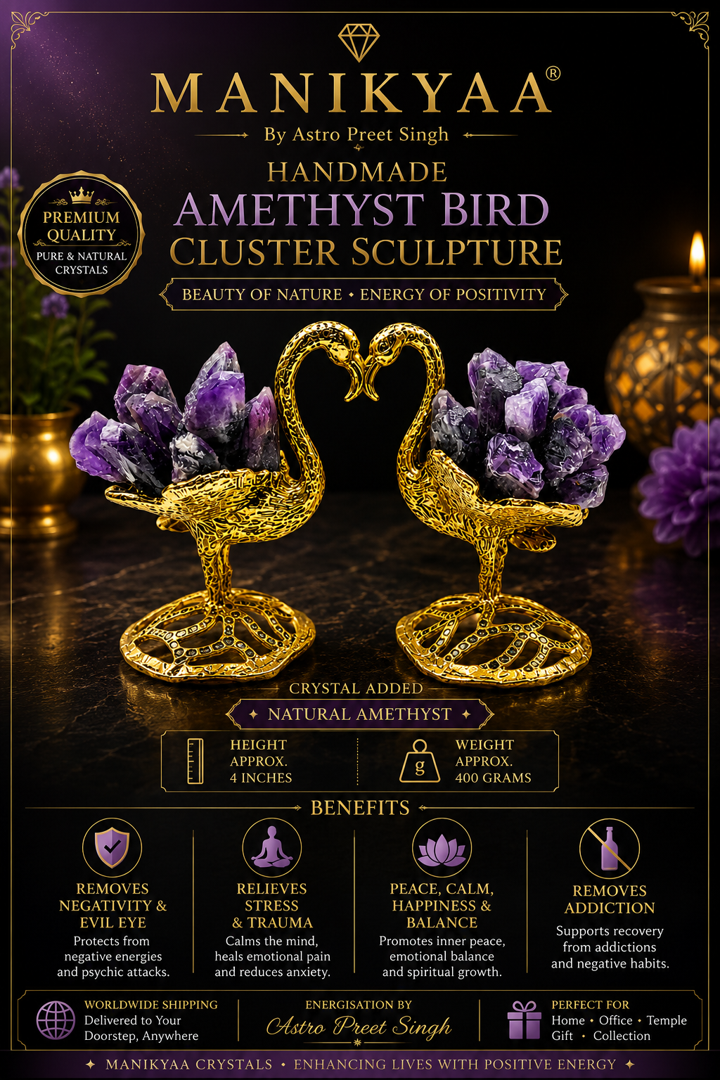 Amethyst Bird Cluster Sculpture for Peace and Protection - Image 2