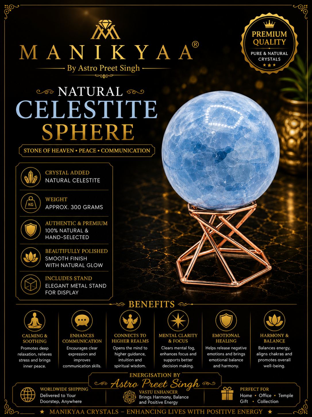 Natural Celestite Sphere | Energised Crystal Sphere with Stand - Image 3